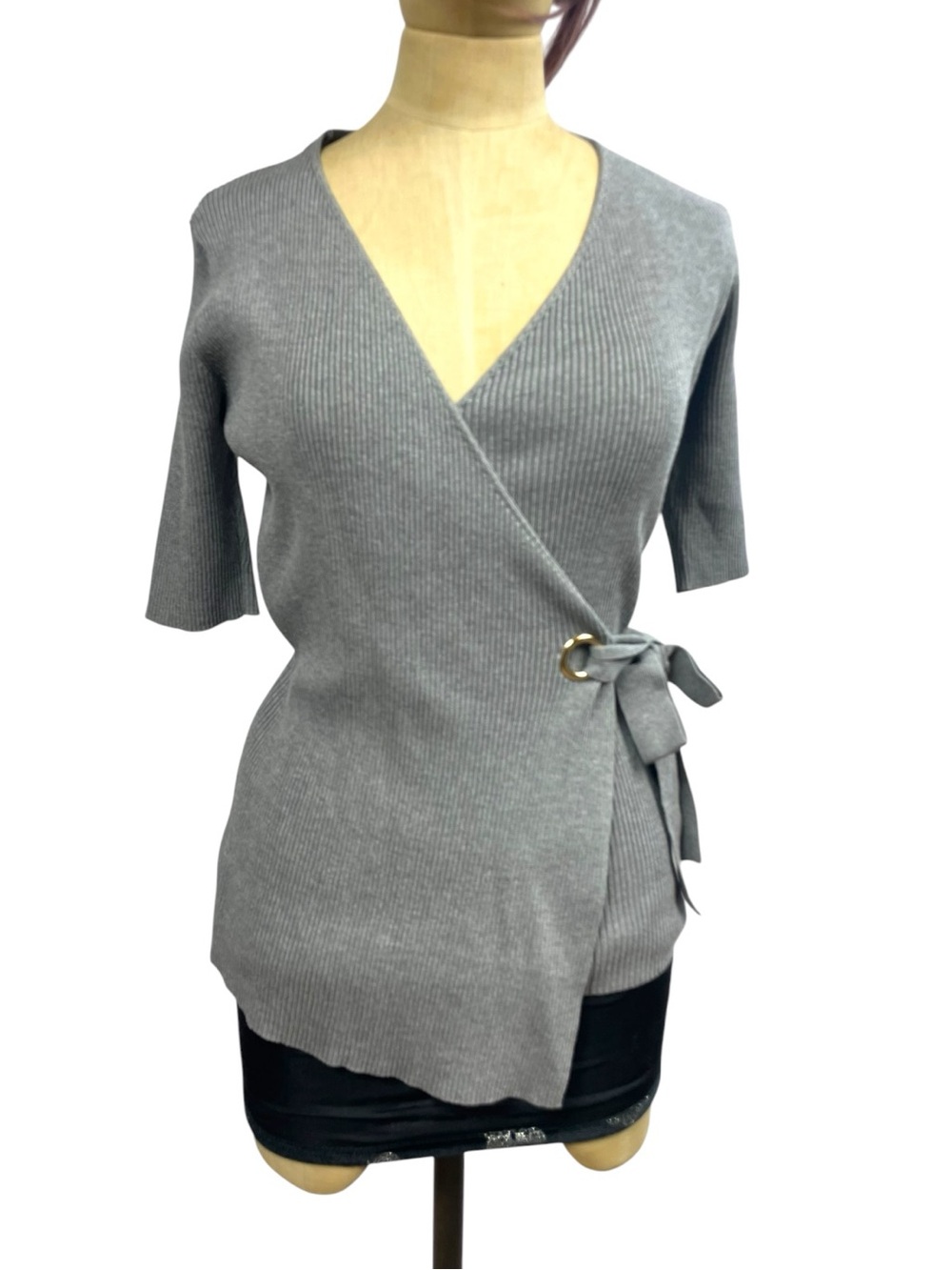 Select + Trend Gray Ribbed Wrap Top with Ring Detail